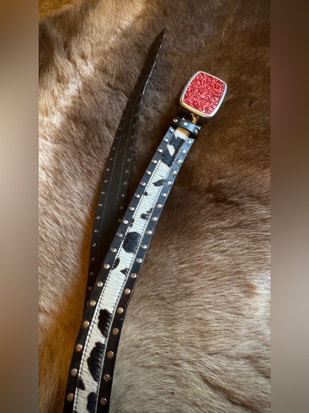 Studded Black & White Cowhide Leather Belt with Red Stone Buckle